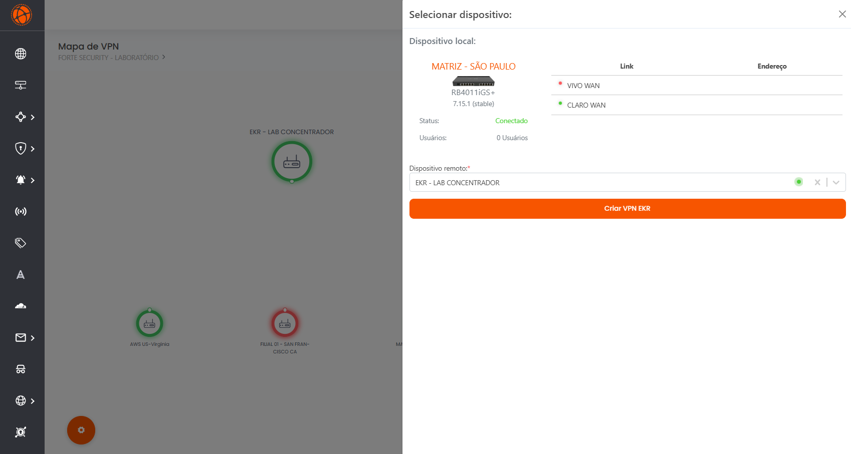 Mapa de conexões VPN e SD-WAN Eskaller